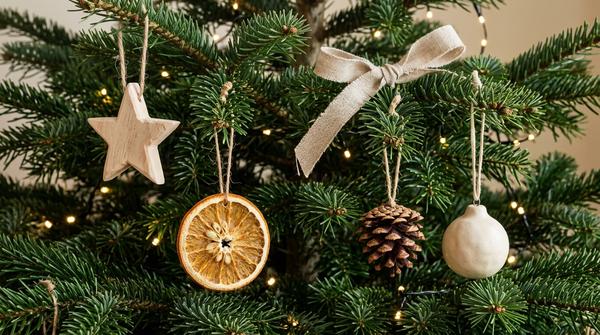 Holzstern, getrocknete Orangenscheibe, Zapfen und Leinenband an einem Weihnachtsbaum