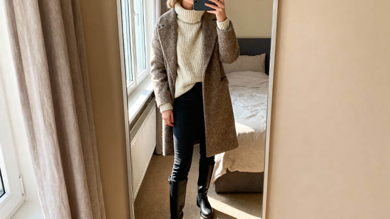 Frau macht iPhone-Selfie im Winter-Outfit