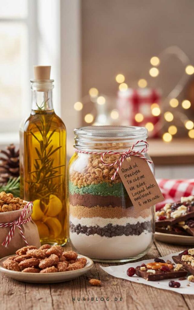 Kulinarische DIY-Geschenke: Eine Backmischung im Glas, Gewürzöl mit Rosmarin und selbstgemachte Bruchschokolade.