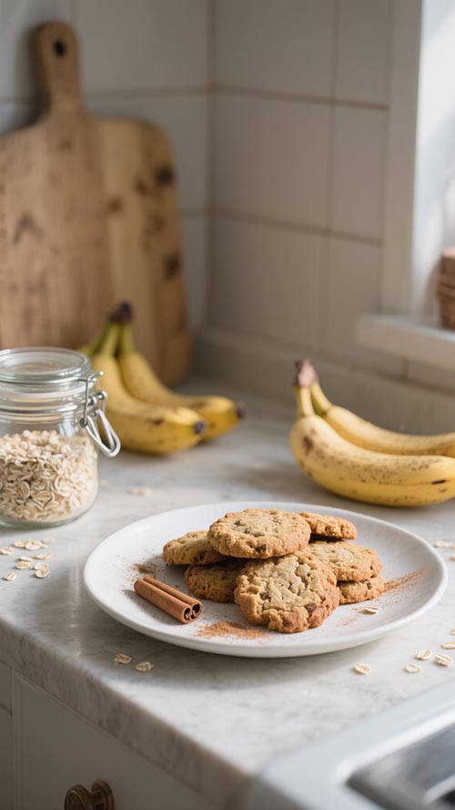 Hafer-Bananen-Cookies ohne Zucker auf weißem Teller mit Zimt