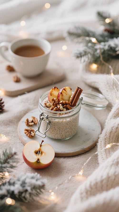 Glas mit Bratapfel-Overnight-Oats, Zimt und Nüssen auf Holztisch