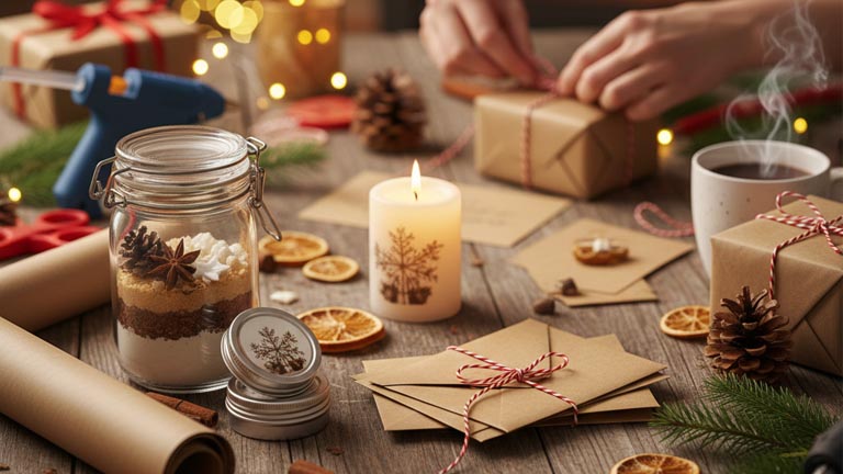 Übersicht von 33 DIY Last-Minute Weihnachtsgeschenken, darunter Backmischung im Glas, Badesalz und personalisierte Kerzen.