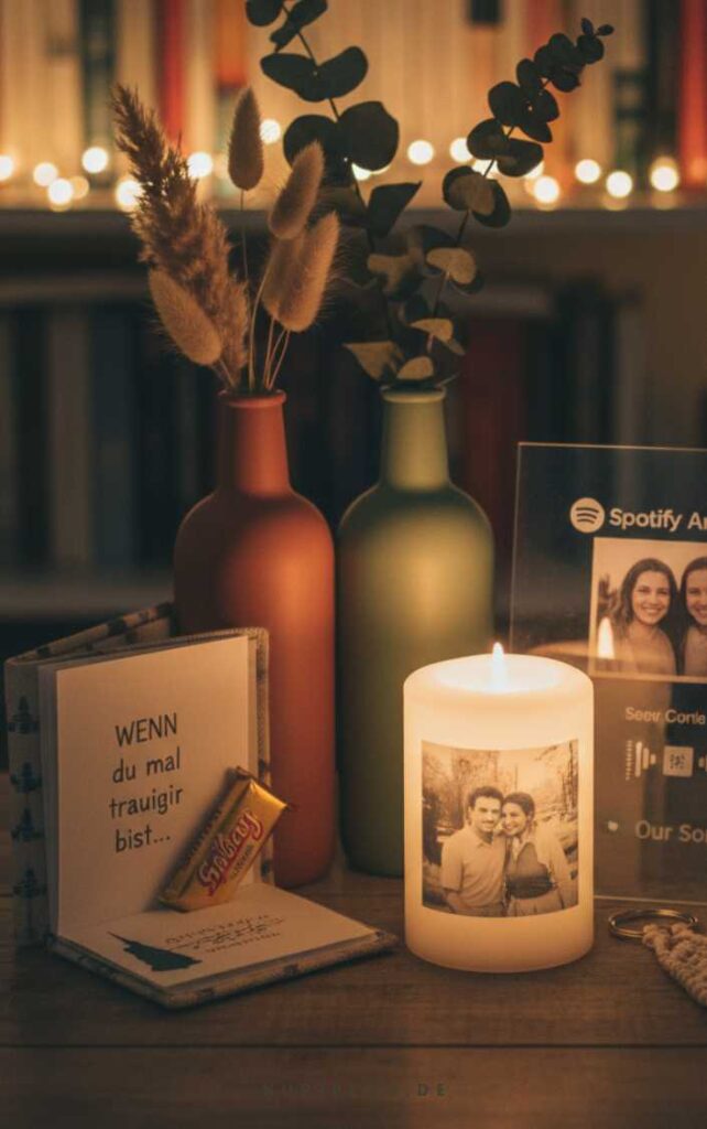 Persönliche DIY-Deko-Geschenke: Eine selbst gestaltete Kerze mit Foto und kleine, liebevoll gebastelte Wohnaccessoires.