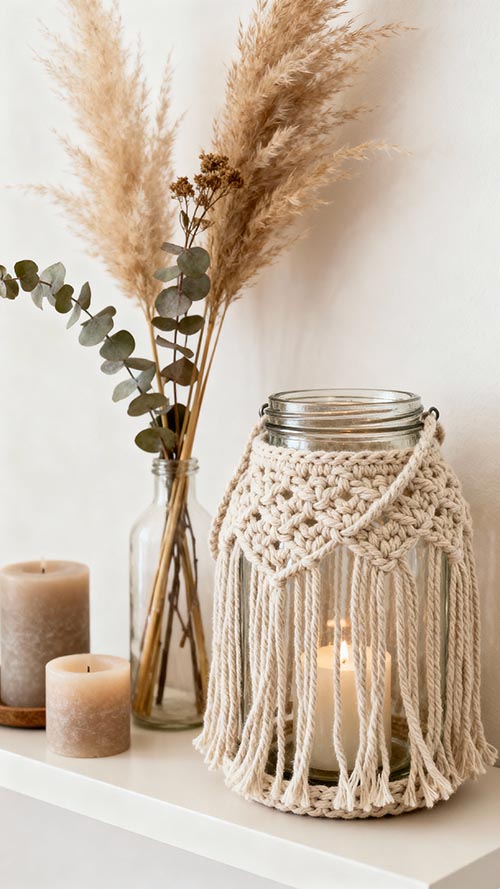 Boho-inspiriertes Windlicht aus gehäkeltem Baumwollgarn mit langen Fransen, dekoriert im modernen Scandi-Home-Stil.