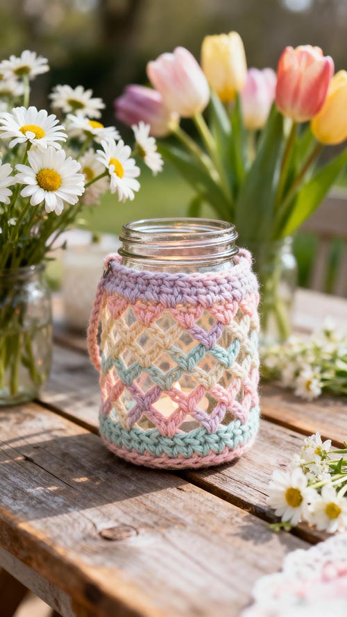 Gehäkeltes Windlicht im Pastell-Look um ein Marmeladenglas, verziert mit kleinen Häkelblumen. Frühlingshafte DIY-Deko auf Holztisch.