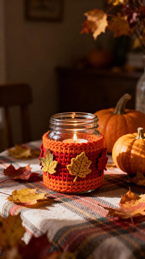 Herbstliches Häkel-Windlicht mit bunten Blättern in Orange, Gelb und Rot, dekoriert auf einem Tisch mit Kürbissen und Herbstlaub.