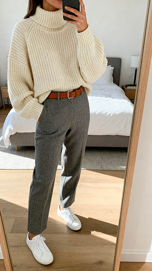 Frau trägt groben Strickpullover in Creme und weite Stoffhose, iPhone-Selfie ohne Gesicht, gemütliches Büro-Outfit
