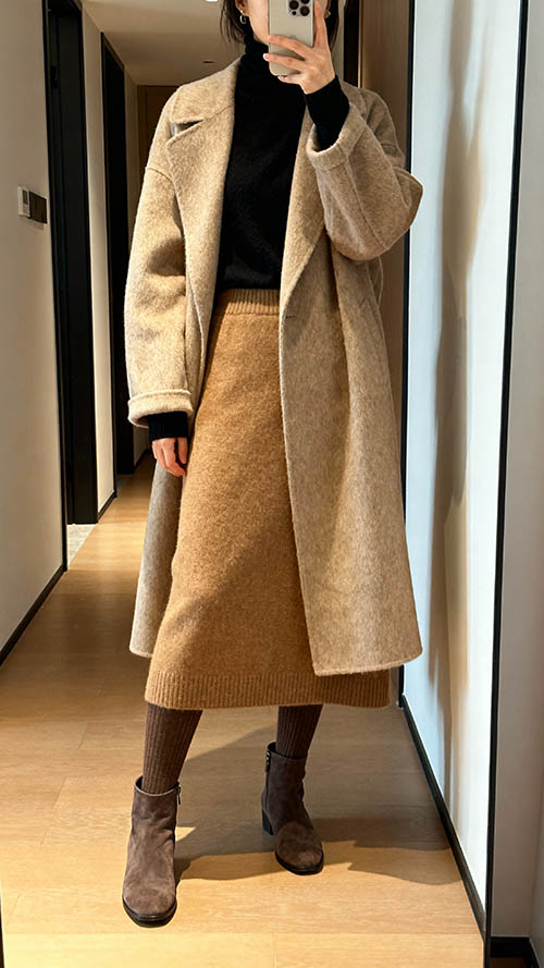 Frau im schwarzen Rollkragenpullover und Wollrock, Selfie im Flur, eleganter Winter-Look fürs Büro
