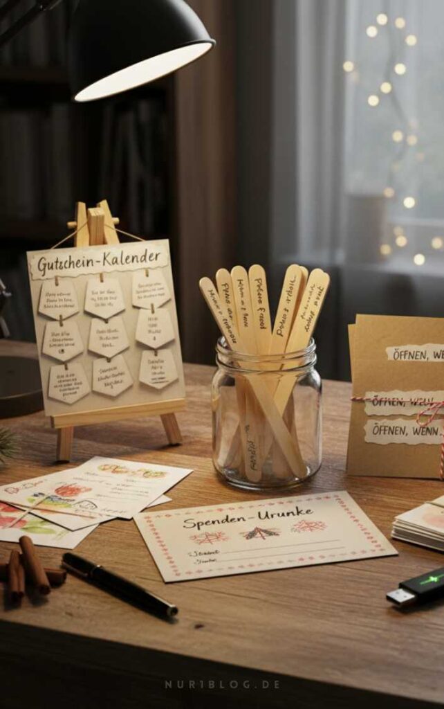 Last-Minute Gutschein-Geschenke und kreative Papier-Ideen wie das "Wenn"-Buch oder ein Gutschein-Kalender.