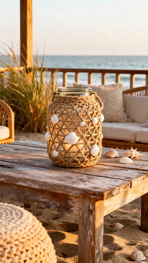 Maritimes Windlicht aus Jutegarn im Netzlook, dekoriert mit Muscheln, auf einem sommerlichen Terrassentisch.
