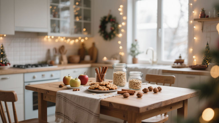 Gesunde Weihnachtsbäckerei mit zuckerfreien Plätzchen, Haferflocken und Äpfeln auf rustikalem Holztisch