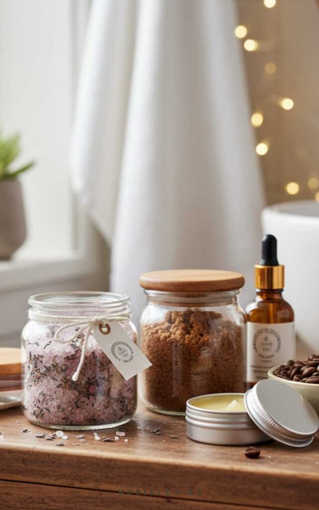 Selbstgemachte Wellness-Geschenke wie Zucker-Peeling und Badesalz in stilvollen Gläsern für entspannte Feiertage.