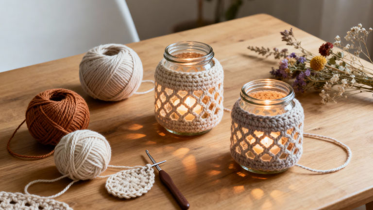 Mehrere gehäkelte Windlichter aus Jute, Baumwolle und Garn in verschiedenen Designs für Frühling, Sommer, Herbst und Winter.