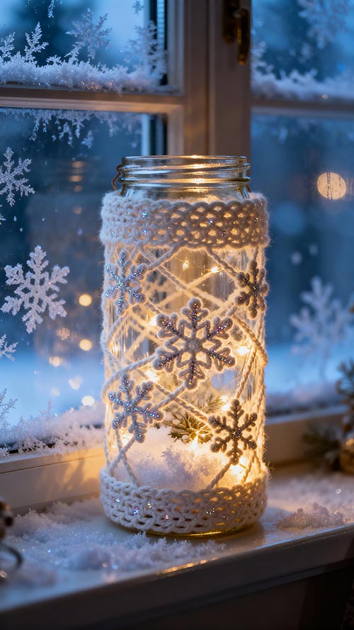 Winterliches Windlicht mit feiner gehäkelter Schneeflocken-Deko, Glas mit Kunstschnee und warmem LED-Licht.