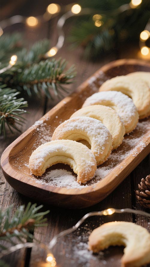 Zuckerfreie Vanillekipferl mit Puder-Erythrit auf rustikalem Holzbrett