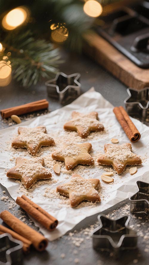 Zimtsterne ohne Zucker auf Backpapier mit Zimtstangen und Mandeln