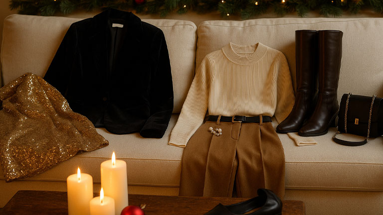 Elegante weihnachtliche Kleidung liegt dekorativ auf einem Sofa mit Kerzen und Weihnachtsdeko im Hintergrund – festliche Outfit-Inspiration.