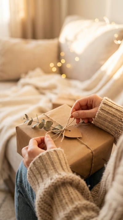 Vintage-Geschenkverpackung aus altem Papier und Naturmaterialien.