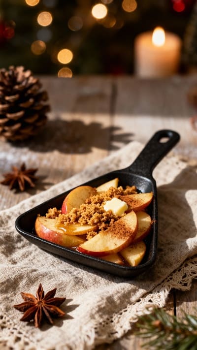 Dreieckiges Raclettepfännchen mit Apfel-Zimt-Crumble und goldener Kruste.