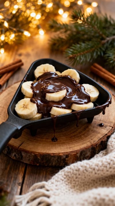 Raclettepfännchen mit Banane und geschmolzener Schokolade, festlich angerichtet.