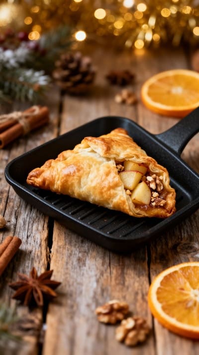 Golden gebackenes Blätterteigtäschchen im Raclettepfännchen.