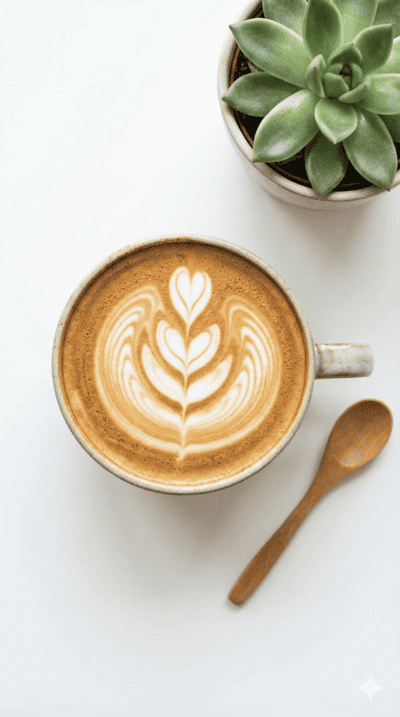 Ästhetischer Cappuccino mit Latte Art Herz auf hellem Tisch, Flatlay Fotografie.