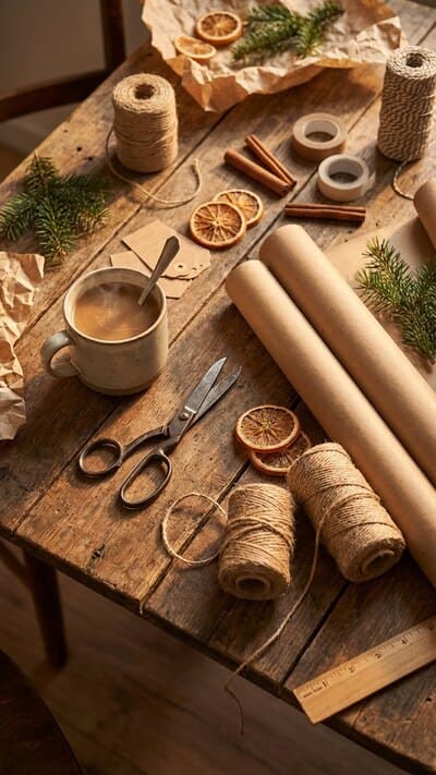 Gemütlicher Tisch zum Geschenke einpacken mit Schere, Packpapier und Kaffee in warmer Atmosphäre.