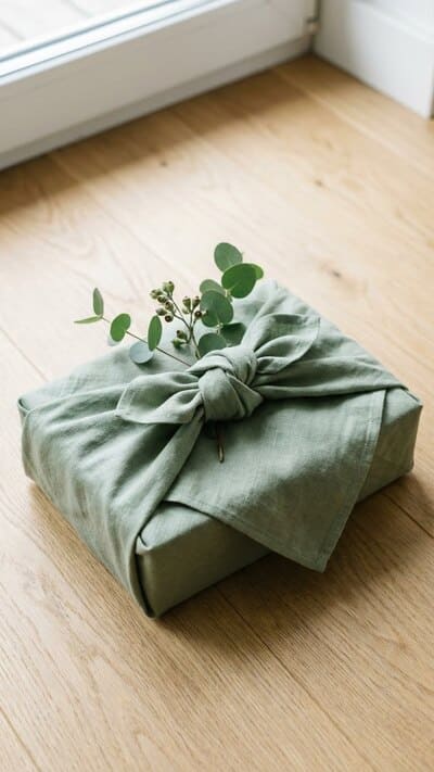 Nachhaltige Geschenkverpackung im Furoshiki-Stil mit grünem Stofftuch geknotet statt Geschenkpapier.