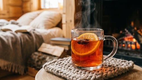 Ein hitzebeständiges Glas mit einem dampfenden, orange-roten Heißgetränk und einer Orangenscheibe in gemütlicher Atmosphäre.
