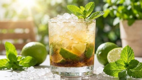 Ein Glas gefüllt mit Crushed Ice, Limettenstücken, Rohrzucker und einem goldenen Erfrischungsgetränk.