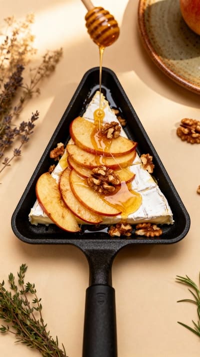 Raclettepfännchen mit geschmolzenem Käse, Apfelscheiben und Honig.