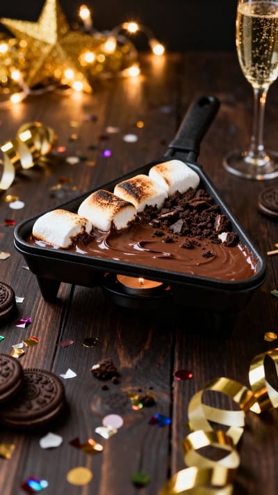 Raclettepfännchen mit Marshmallows, Schokolade und Keksstücken.