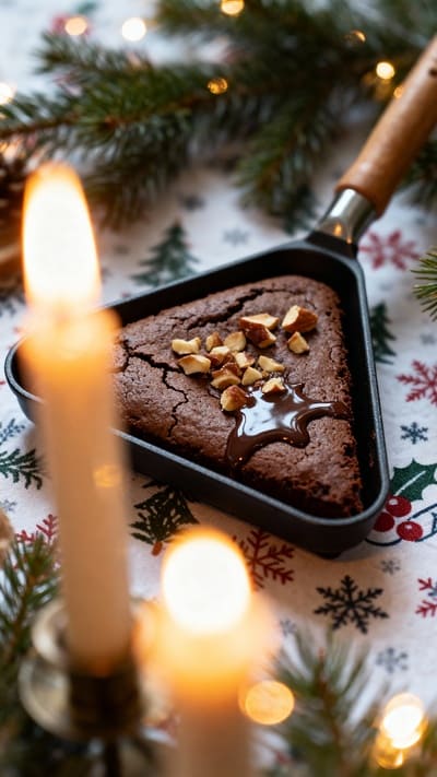 Schokoladen-Brownie im Raclettepfännchen, leicht gebacken mit glänzender Kruste.