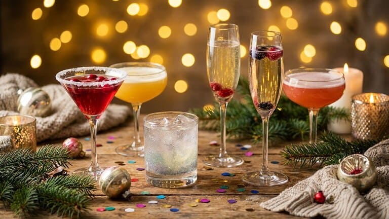 Eine Auswahl verschiedener bunter Party-Getränke in eleganten Gläsern auf einem festlich dekorierten Holztisch mit warmer Beleuchtung.