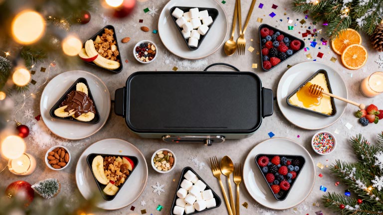 Draufsicht auf einen gedeckten Tisch mit Raclettegerät, Pfännchen und süßen Zutaten.