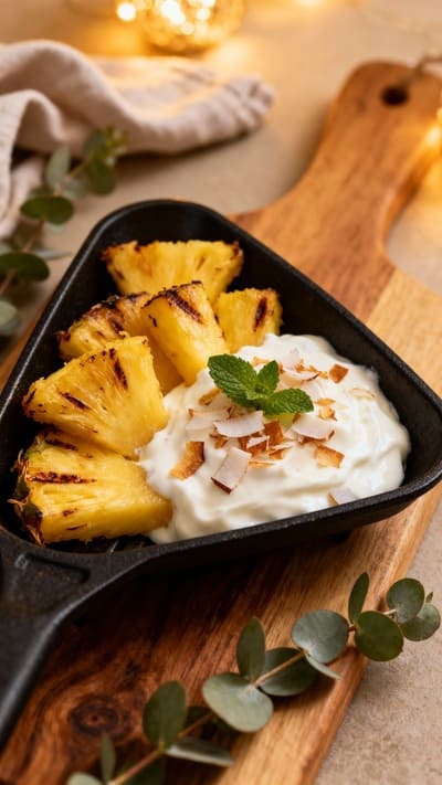 Raclettepfännchen mit Ananasstücken, Kokoscreme und Minze.