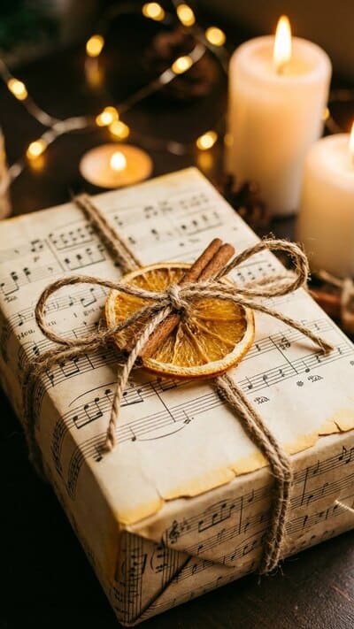 Kreative Upcycling-Verpackung aus altem Notenpapier, dekoriert mit Paketschnur und getrockneter Orangenscheibe.