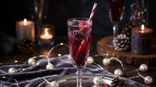 Ein Sektglas mit tiefrotem Beeren-Getränk, gefrorenen Beeren und einem Papierstrohhalm vor dunklem Hintergrund.