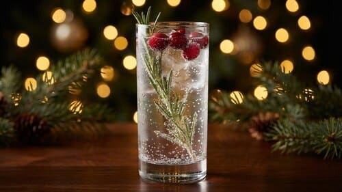Ein Longdrinkglas mit einem klaren Sprudelgetränk, garniert mit einem Zweig Rosmarin und roten Cranberries vor festlichem Hintergrund.