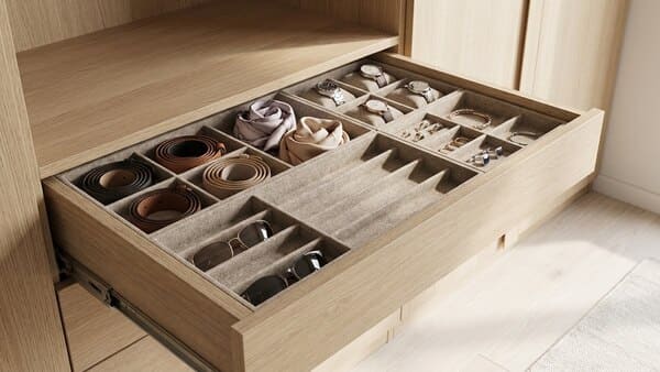 Liegender Accessoire-Organizer mit Fächern für Gürtel, Schals und Schmuck im Kleiderschrank