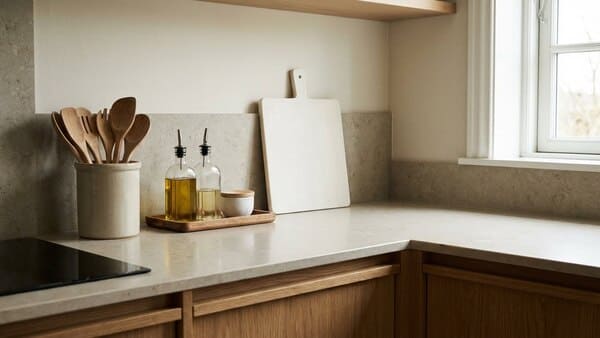 Minimalistische Küchenarbeitsfläche mit Ordnungssystem
