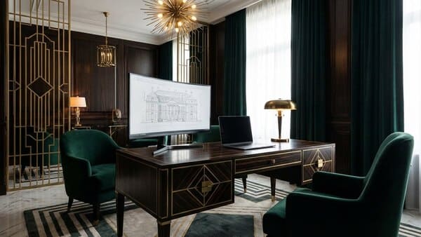 Elegantes Art-Déco Homeoffice mit goldenen Akzenten
