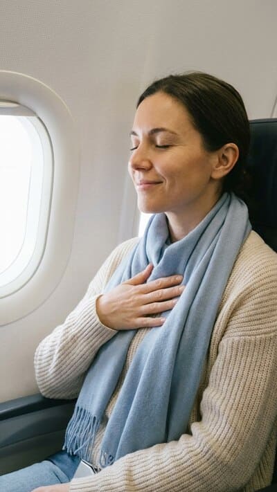 Eine Frau sitzt mit geschlossenen Augen im Flugzeugsitz, eine Hand auf der Brust, und macht beruhigende Atemübungen, um Panik und Flugangst zu kontrollieren.