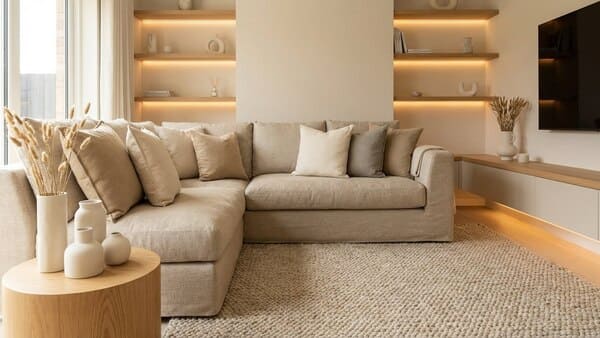 Modernes Wohnzimmer in Beige und Greige mit gemütlichen Textilien und harmonischer Deko