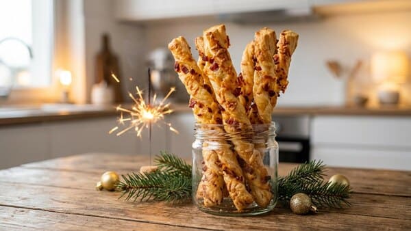 Knusprige Blätterteig Stangen mit Speck und Käse als Silvester Fingerfood