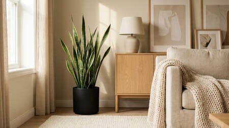 Bogenhanf (Sansevieria) im modernen Wohnzimmer neben Sideboard