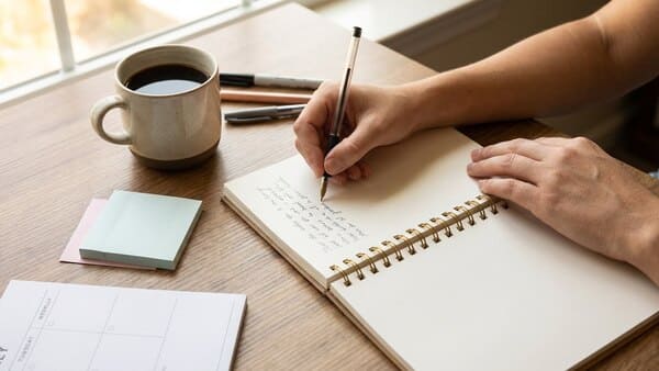 Hand schreibt Brain Dump in Notizbuch als Vorbereitung für stressfreie Wochenplanung