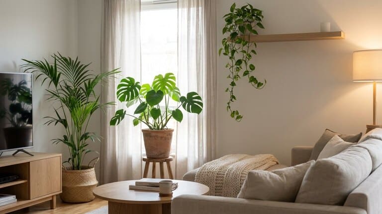 Cozy modernes Wohnzimmer im skandinavischen Stil mit Monstera, Kentiapalme und rankender Efeutute bei natürlichem Tageslicht