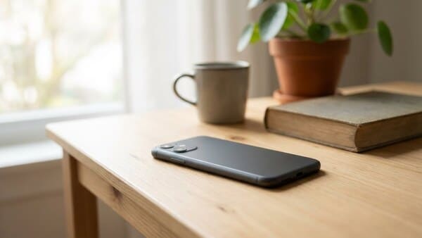 Smartphone liegt ausgeschaltet auf einem Tisch