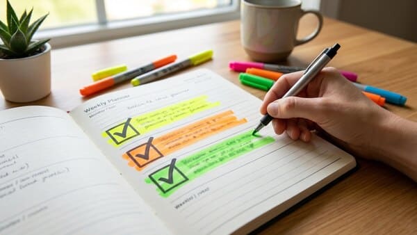 Wochenplaner mit drei markierten Prioritäten für stressfreie Wochenplanung und Fokus